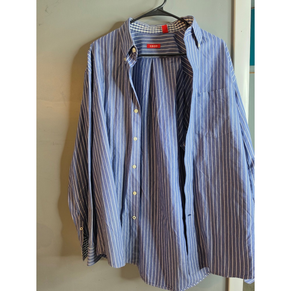 IZOD Mens Blue White Striped Button Down Shirt Long Sleeve Gingham Trim Large